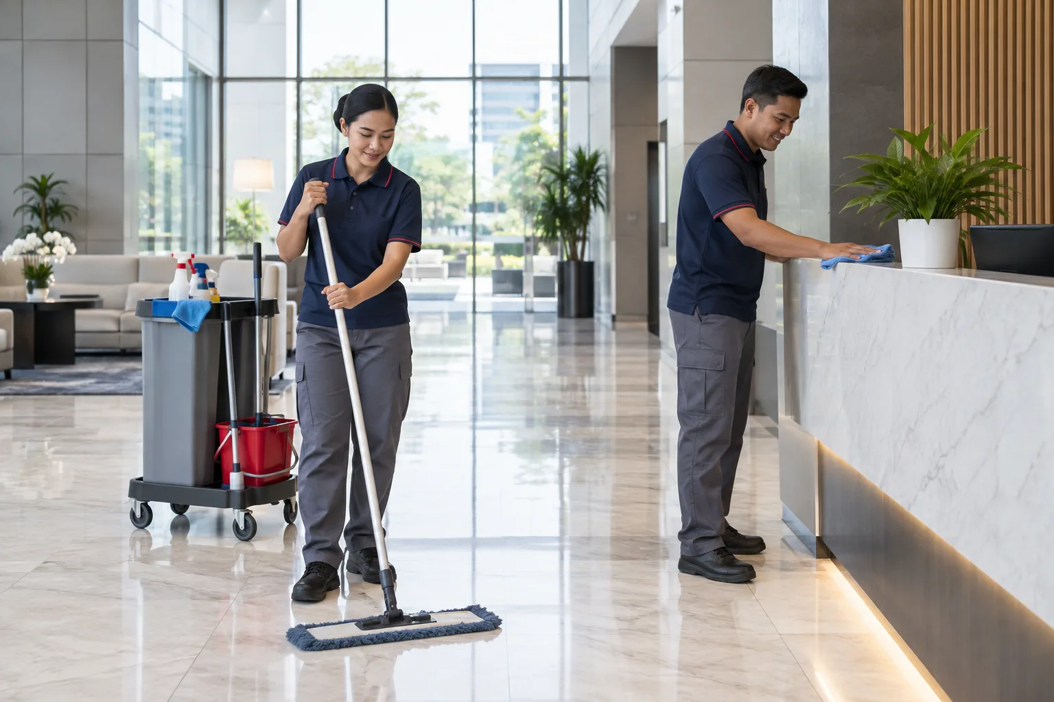 Ilustrasi AI tenaga cleaning service membersihkan lobi gedung
