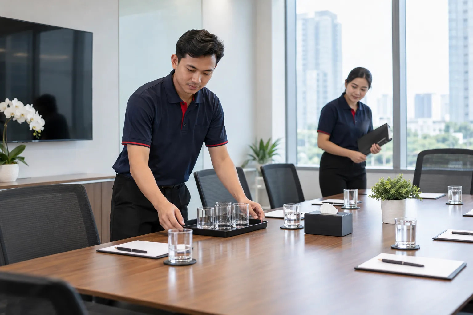 Ilustrasi AI tenaga pendukung kantor menyiapkan ruang rapat