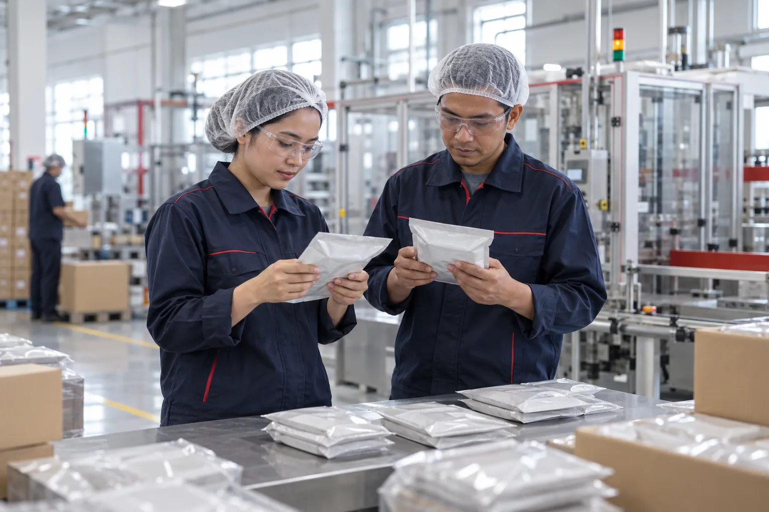 Ilustrasi AI operator produksi memeriksa kemasan di area kerja